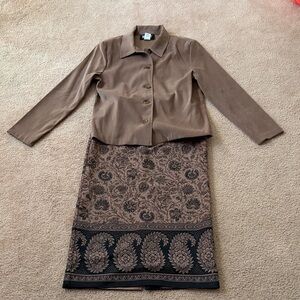 Briggs brown floral skirt (size 6 P) and brown button-front jacket (size S).